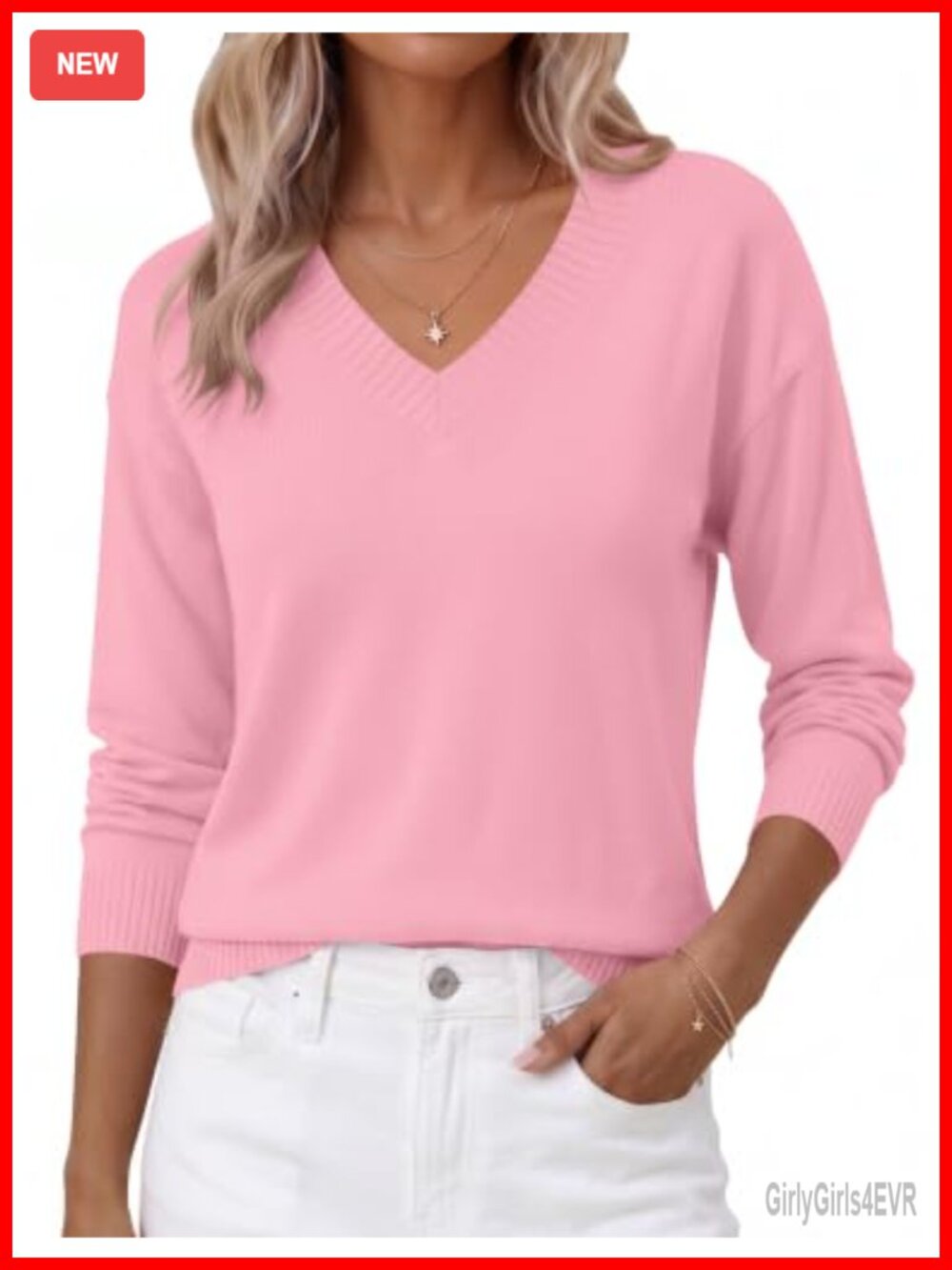 V-Neck Long Sleeve Pullover Sweater Lightweight Knit Top Fall Casual
